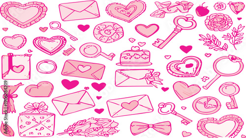 Pink Valentine doodle set with hearts envelopes keys gifts and romantic symbols hand drawn vector illustration collection