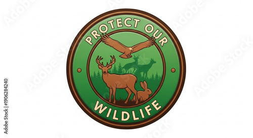 Protect our wildlife conservation logo with deer bird and rabbit silhouette on green background