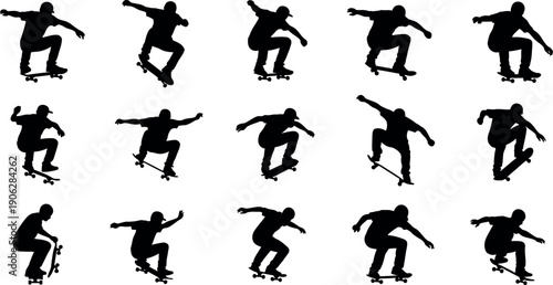 Sport silhouette of skateboarder in various motion poses athletic action figures