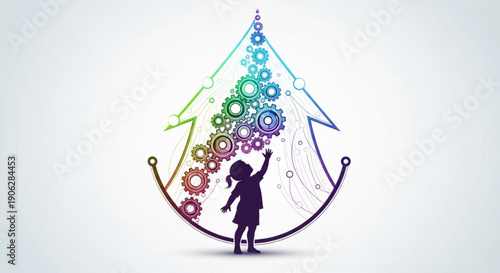 Child touching colorful gear mechanism in a growing arrow graph symbolizing innovation and progress in business and technology