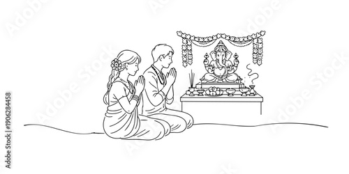 continuous line Hindu couple praying in front of Lord Ganesha. Minimalist line art showing religious worship activity, spirituality, and devotion, representing faith, culture, and traditional ritual.