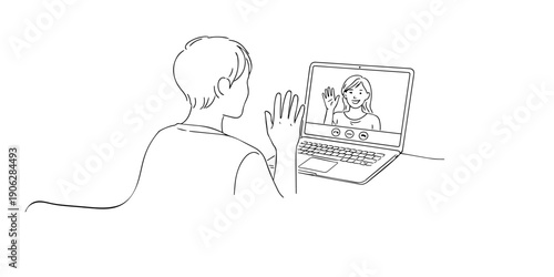 continuous line illustration of virtual video call communication. Minimalist line art showing a person greeting on laptop screen, representing online meeting, remote work, and digital connection.