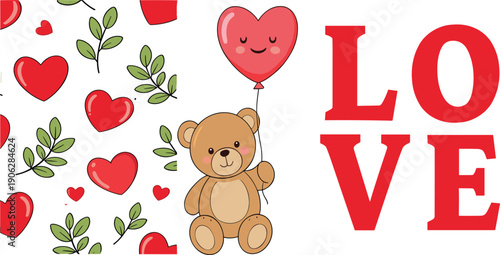 Cute teddy bear with heart balloon and love typography valentines day romantic vector illustration design background