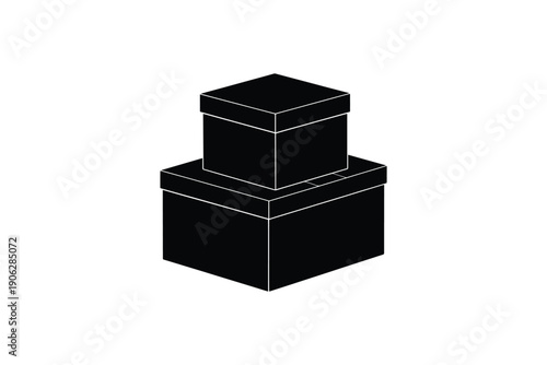 Two stacked black and white gift boxes, one larger base and smaller top, minimalist design