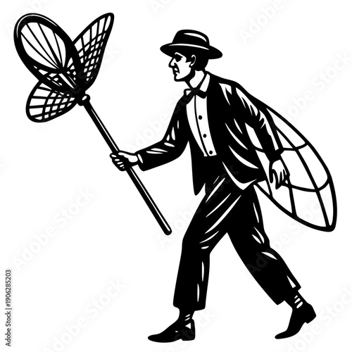 Minimalist black silhouette of a vintage insect collector in an active mid-stride pose, holding a detailed butterfly net raised over his shoulder and a small hand scoop pointed toward the ground. The 