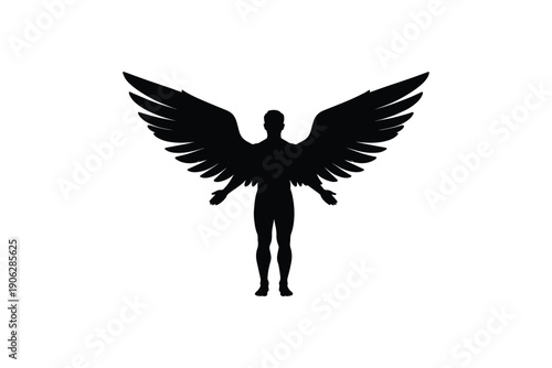 Black silhouette of an angel with large spread wings and human form standing with open arms