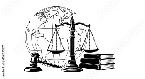 Black and white illustration of law symbols with globe