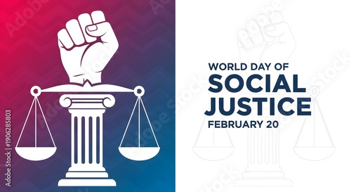 World day of social justice poster with scales and fist