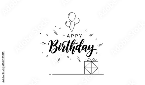 Modern flat happy birthday calligraphy typography with minimal balloons confetti and gift box clean celebration vector isolated on transparent background