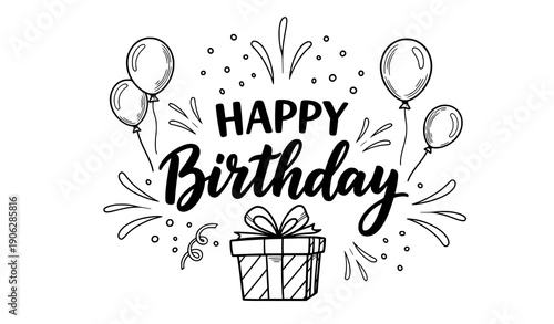 Hand drawn happy birthday calligraphy with doodle balloons confetti and gift box fun celebration vector isolated on transparent background