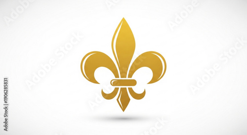 Golden fleur de lis symbol on white background with subtle shadow representing luxury and elegance in heraldry and design