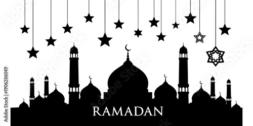 A festive and spiritual graphic design illustration depicting a minimalist mosque silhouette against a white background for Ramadan celebration