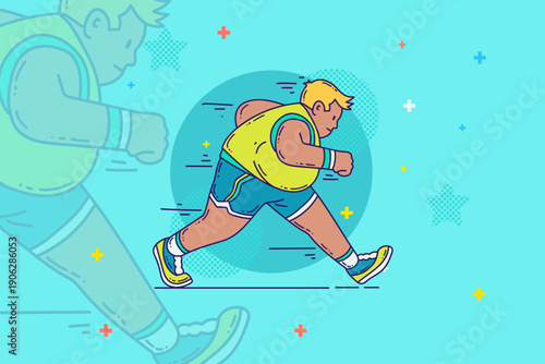 Cartoon outline runner plump man character. Sports and wellness illustration