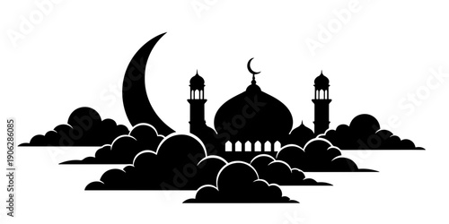 A Minimalist and Peaceful Vector Illustration Featuring a Mosque Silhouette with Towering Minarets, a Large Crescent Moon, and Stylized Clouds in a Clean Design