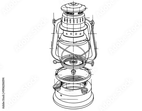An informative technical illustration detailing the exploded view of a classic vintage oil lamp or hurricane lantern design for historical context.svg
