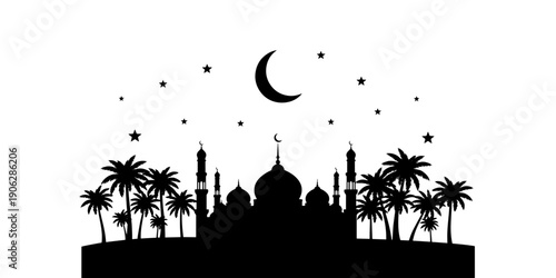 Minimalist Celebratory Mosque Silhouette Illustration with Palm Trees Crescent Moon and Stars for Islamic Holidays and Ramadan