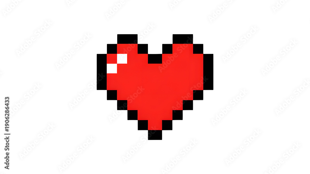 Obraz premium Red pixel heart symbol on transparent background with black outline and white highlight