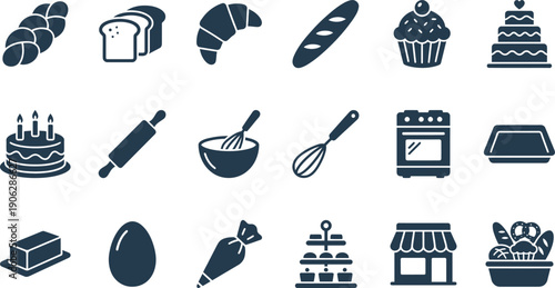 A comprehensive vector icon set for baking and pastry, featuring essential kitchen tools, bakery ingredients, and delicious sweet treats