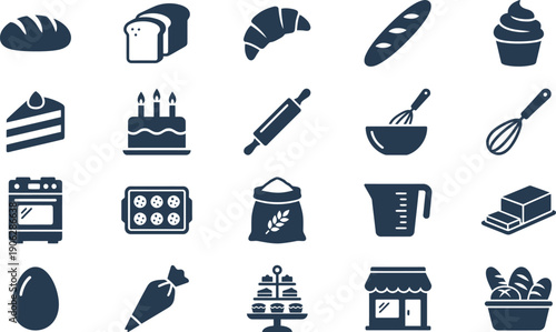 Comprehensive Collection of Baking and Bakery Product Silhouette Icons for Culinary Design and Digital Menu Interfaces