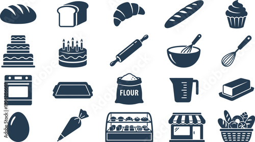 Diverse Vector Icon Collection for Baking and Culinary Arts Representing Ingredients, Tools, and Bakery Delights