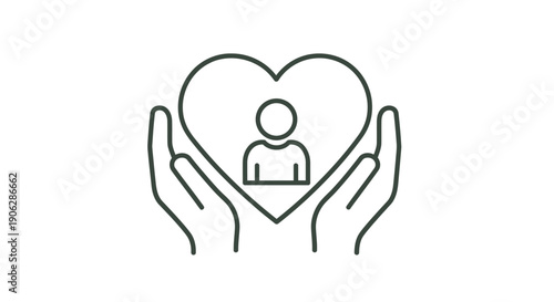 Line art icon depicting supportive hands gently holding and protecting a central human figure within a large heart shape symbolizing care