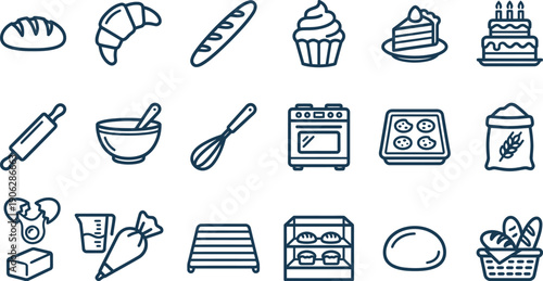 Diverse Collection of Outline Icons for Bakery, Baking, and Confectionery Essentials, Featuring Sweet Treats and Kitchen Utensils