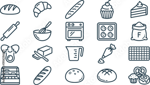 Clean Outline Baking Icons Set Depicting Pastry, Bakery Shop Elements, Food Preparation Tools, and Essential Ingredients