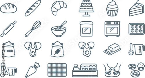 Comprehensive Set of Outline Icons for Baking, Confectionery, and Kitchen Utensils with Culinary Ingredients