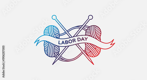 Labor Day knitting craft illustration with yarn balls and needles in gradient colors on white
