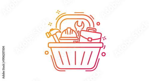 Gradient outline icon of a shopping basket filled with essential tools for service and