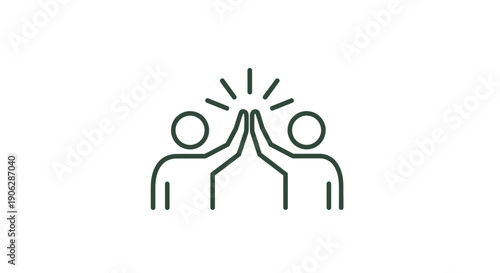 Minimalist line art icon depicting two abstract figures celebrating success with an energetic high five gesture symbolizing teamwork and achievement.