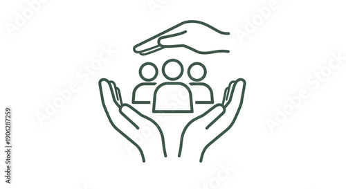Stylized line art icon depicting hands gently cupping and shielding a group of three abstract people figures symbolizing care