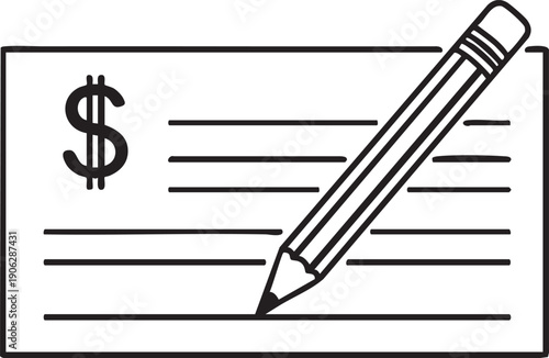 Black and white of a check with a pencil dollar sign lines