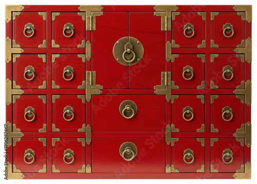 Traditional red wooden medicine cabinet with small brass drawers on a transparent background