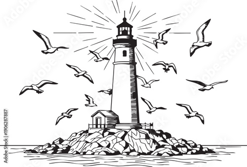 Black and white of a lighthouse on rocks with seagulls flying around water