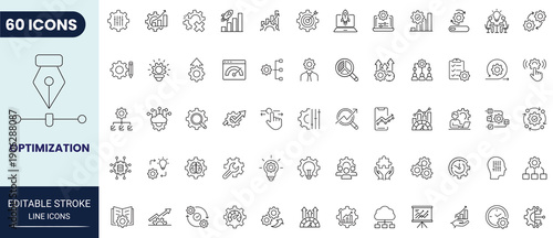 Optimization line icon set. Includes improvement, process, setting, setup, workflow, gear, control, automation, productivity and more. Editable stroke. Vector illustration.