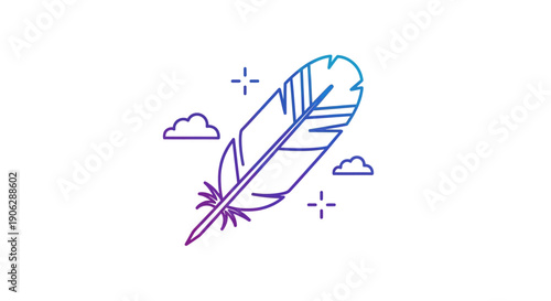Stylized line art feather graphic with ethereal clouds and shimmering stars design element