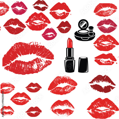 Vector illustration of a red lips set featuring lipstick marks and pink mouth prints as a symbol of love, beauty, and passion for Valentine fashion and cosmetic makeup