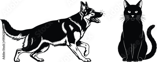 Black and white vector illustration of playful dog approaching sitting cat, animal interaction concept, minimal pet silhouette design isolated on white background