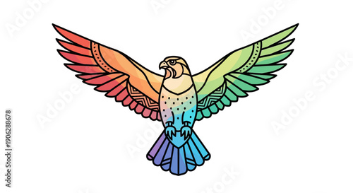 Vibrant artistic rainbow falcon illustration with outstretched wings soaring majestically,