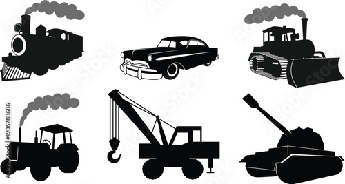 Black silhouettes of industrial vehicles and heavy machinery including train, car, tractor, crane, bulldozer and tank, transportation and construction illustration set isolated on white background