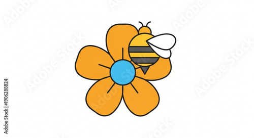 A cartoon bee flies towards a bright orange flower with a blue center on a white background symbolizing nature and friendship