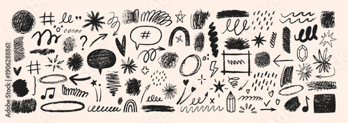 Crayon pencil curly lines with charcoil or wax texture. Color sketches, grunge style drawing. Squiggle black vector illustration.