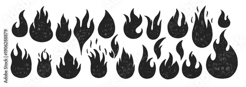 Collection of hand drawn fire flames with crayon, pastel, chalk or pencil texture. Grunge elements in doodle style. Black vector illustration on a white background.