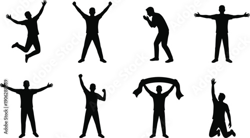 Black vector silhouette set of diverse people celebrating success including jumping winning cheering and holding a scarf for sports fans and business achievements,