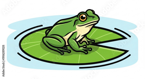 A green frog sitting on a large lily pad in calm water with a serene expression
