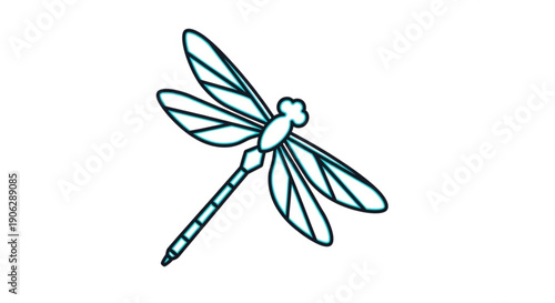Teal dragonfly insect flying isolated on white background elegant wings spread wide in detailed line art illustration