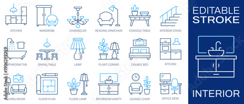Icon set of interior furniture, room layout, lighting, and household elements created in editable stroke style, shown as clean minimalist icons.