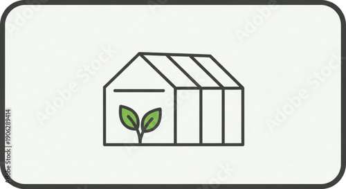 Greenhouse with plant growing inside simple line drawing black outline on white background