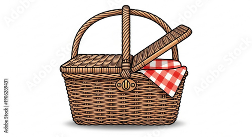 Brown wicker picnic basket with red and white checkered cloth and wooden handle on white background
